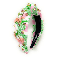 Load image into Gallery viewer, headband for women, summer Knot headband, Summer lover headband, floral knotted headband, yellow top knot headband, pink floral top knotted headband, white knotted headband, Green pink floral hair band, flowers knot headbands, flowers headband, statement headbands, top knotted headband, knotted headband, yellow hair accessories, embellished headband, gemstone knot headband, luxury headband, embellished knot headband, jeweled knot headband, summer knot embellished headband