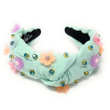 Load image into Gallery viewer, headband for women, summer Knot headband, Summer lover headband, floral knotted headband, green top knot headband, seafoam green top knotted headband, white knotted headband, Green seafoam green hair band, flowers knot headbands, flowers headband, statement headbands, top knotted headband, knotted headband, seafoam green hair accessories, embellished headband, gemstone knot headband, luxury headband, embellished knot headband, jeweled knot headband, summer knot embellished headband
