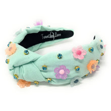 Load image into Gallery viewer, headband for women, summer Knot headband, Summer lover headband, floral knotted headband, green top knot headband, seafoam green top knotted headband, white knotted headband, Green seafoam green hair band, flowers knot headbands, flowers headband, statement headbands, top knotted headband, knotted headband, seafoam green hair accessories, embellished headband, gemstone knot headband, luxury headband, embellished knot headband, jeweled knot headband, summer knot embellished headband