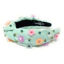 Load image into Gallery viewer, headband for women, summer Knot headband, Summer lover headband, floral knotted headband, green top knot headband, seafoam green top knotted headband, white knotted headband, Green seafoam green hair band, flowers knot headbands, flowers headband, statement headbands, top knotted headband, knotted headband, seafoam green hair accessories, embellished headband, gemstone knot headband, luxury headband, embellished knot headband, jeweled knot headband, summer knot embellished headband
