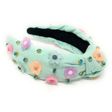 Load image into Gallery viewer, headband for women, summer Knot headband, Summer lover headband, floral knotted headband, green top knot headband, seafoam green top knotted headband, white knotted headband, Green seafoam green hair band, flowers knot headbands, flowers headband, statement headbands, top knotted headband, knotted headband, seafoam green hair accessories, embellished headband, gemstone knot headband, luxury headband, embellished knot headband, jeweled knot headband, summer knot embellished headband