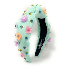 Load image into Gallery viewer, headband for women, summer Knot headband, Summer lover headband, floral knotted headband, green top knot headband, seafoam green top knotted headband, white knotted headband, Green seafoam green hair band, flowers knot headbands, flowers headband, statement headbands, top knotted headband, knotted headband, seafoam green hair accessories, embellished headband, gemstone knot headband, luxury headband, embellished knot headband, jeweled knot headband, summer knot embellished headband