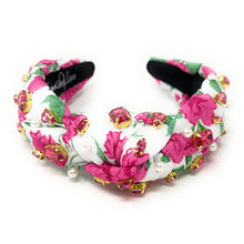 Load image into Gallery viewer, headband for women, summer Knot headband, Summer lover headband, floral knotted headband, pink rose top knot headband, pink  top knotted headband, white knotted headband, pink rose headband, rose print hair band, flowers knot headbands, flowers headband, statement headbands, top knotted headband, knotted headband, Roses hair accessories, embellished headband, gemstone knot headband, luxury headband, embellished knot headband, jeweled knot headband, summer knot embellished headband
