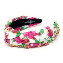 Load image into Gallery viewer, headband for women, summer Knot headband, Summer lover headband, floral knotted headband, pink rose top knot headband, pink  top knotted headband, white knotted headband, pink rose headband, rose print hair band, flowers knot headbands, flowers headband, statement headbands, top knotted headband, knotted headband, Roses hair accessories, embellished headband, gemstone knot headband, luxury headband, embellished knot headband, jeweled knot headband, summer knot embellished headband