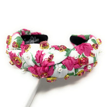 Load image into Gallery viewer, headband for women, summer Knot headband, Summer lover headband, floral knotted headband, pink rose top knot headband, pink  top knotted headband, white knotted headband, pink rose headband, rose print hair band, flowers knot headbands, flowers headband, statement headbands, top knotted headband, knotted headband, Roses hair accessories, embellished headband, gemstone knot headband, luxury headband, embellished knot headband, jeweled knot headband, summer knot embellished headband