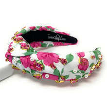 Load image into Gallery viewer, headband for women, summer Knot headband, Summer lover headband, floral knotted headband, pink rose top knot headband, pink  top knotted headband, white knotted headband, pink rose headband, rose print hair band, flowers knot headbands, flowers headband, statement headbands, top knotted headband, knotted headband, Roses hair accessories, embellished headband, gemstone knot headband, luxury headband, embellished knot headband, jeweled knot headband, summer knot embellished headband