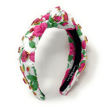 Load image into Gallery viewer, headband for women, summer Knot headband, Summer lover headband, floral knotted headband, pink rose top knot headband, pink  top knotted headband, white knotted headband, pink rose headband, rose print hair band, flowers knot headbands, flowers headband, statement headbands, top knotted headband, knotted headband, Roses hair accessories, embellished headband, gemstone knot headband, luxury headband, embellished knot headband, jeweled knot headband, summer knot embellished headband