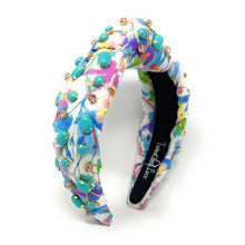Load image into Gallery viewer, headband for women, summer Knot headband, Summer lover headband, turquoise knotted headband, floral top knot headband, turquoise top knotted headband, multicolor knotted headband, pink rose headband, floral print hair band, flowers knot headbands, flowers headband, statement headbands, top knotted headband, knotted headband, turquoise hair accessories, embellished headband, gemstone knot headband, luxury headband, embellished knot headband, jeweled knot headband, summer knot embellished headband
