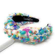 Load image into Gallery viewer, headband for women, summer Knot headband, Summer lover headband, turquoise knotted headband, floral top knot headband, turquoise top knotted headband, multicolor knotted headband, pink rose headband, floral print hair band, flowers knot headbands, flowers headband, statement headbands, top knotted headband, knotted headband, turquoise hair accessories, embellished headband, gemstone knot headband, luxury headband, embellished knot headband, jeweled knot headband, summer knot embellished headband