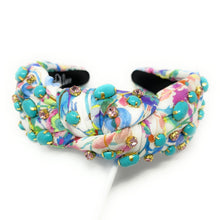 Load image into Gallery viewer, headband for women, summer Knot headband, Summer lover headband, turquoise knotted headband, floral top knot headband, turquoise top knotted headband, multicolor knotted headband, pink rose headband, floral print hair band, flowers knot headbands, flowers headband, statement headbands, top knotted headband, knotted headband, turquoise hair accessories, embellished headband, gemstone knot headband, luxury headband, embellished knot headband, jeweled knot headband, summer knot embellished headband