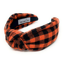 Load image into Gallery viewer, Halloween Headband, Custom Headbands, Orange black plaid headband, Trendy Halloween Headbands, Halloween Knot Headband, Halloween Knotted Headband, black Knotted headband, Halloween Hair Accessories, knotted headband, Custom headbands, Halloween gifts, halloween knot Headband, Halloween hair accessories, black Halloween headband, Statement headband, Halloween gifts, Trendy Halloween headband, Knot headband, Unique headbands, Boho headband, orange headband, orange black
