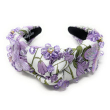 Load image into Gallery viewer, headband for women, summer Knot headband, Summer lover headband, butterfly knotted headband, floral top knot headband, lavender top knotted headband, light  purple  knotted headband, oriental print headband, butterfly print hair band, flowers knot headbands, butterfly headband, statement headbands, top knotted headband, knotted headband, Purple hair accessories, embellished headband, gemstone knot headband, luxury headband, embellished knot headband, jeweled knot headband, summer knot embellished headband