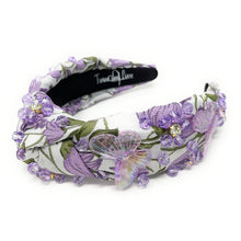 Load image into Gallery viewer, headband for women, summer Knot headband, Summer lover headband, butterfly knotted headband, floral top knot headband, lavender top knotted headband, light  purple  knotted headband, oriental print headband, butterfly print hair band, flowers knot headbands, butterfly headband, statement headbands, top knotted headband, knotted headband, Purple hair accessories, embellished headband, gemstone knot headband, luxury headband, embellished knot headband, jeweled knot headband, summer knot embellished headband