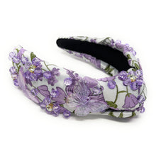 Load image into Gallery viewer, headband for women, summer Knot headband, Summer lover headband, butterfly knotted headband, floral top knot headband, lavender top knotted headband, light  purple  knotted headband, oriental print headband, butterfly print hair band, flowers knot headbands, butterfly headband, statement headbands, top knotted headband, knotted headband, Purple hair accessories, embellished headband, gemstone knot headband, luxury headband, embellished knot headband, jeweled knot headband, summer knot embellished headband