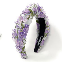 Load image into Gallery viewer, headband for women, summer Knot headband, Summer lover headband, butterfly knotted headband, floral top knot headband, lavender top knotted headband, light  purple  knotted headband, oriental print headband, butterfly print hair band, flowers knot headbands, butterfly headband, statement headbands, top knotted headband, knotted headband, Purple hair accessories, embellished headband, gemstone knot headband, luxury headband, embellished knot headband, jeweled knot headband, summer knot embellished headband