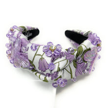 Load image into Gallery viewer, headband for women, summer Knot headband, Summer lover headband, butterfly knotted headband, floral top knot headband, lavender top knotted headband, light  purple  knotted headband, oriental print headband, butterfly print hair band, flowers knot headbands, butterfly headband, statement headbands, top knotted headband, knotted headband, Purple hair accessories, embellished headband, gemstone knot headband, luxury headband, embellished knot headband, jeweled knot headband, summer knot embellished headband