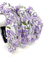 Load image into Gallery viewer, headband for women, summer Knot headband, Summer lover headband, butterfly knotted headband, floral top knot headband, lavender top knotted headband, light  purple  knotted headband, oriental print headband, butterfly print hair band, flowers knot headbands, butterfly headband, statement headbands, top knotted headband, knotted headband, Purple hair accessories, embellished headband, gemstone knot headband, luxury headband, embellished knot headband, jeweled knot headband, summer knot embellished headband