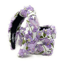 Load image into Gallery viewer, headband for women, summer Knot headband, Summer lover headband, butterfly knotted headband, floral top knot headband, lavender top knotted headband, light  purple  knotted headband, oriental print headband, butterfly print hair band, flowers knot headbands, butterfly headband, statement headbands, top knotted headband, knotted headband, Purple hair accessories, embellished headband, gemstone knot headband, luxury headband, embellished knot headband, jeweled knot headband, summer knot embellished headband