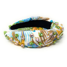 Load image into Gallery viewer, headband for women, summer Knot headband, Summer lover headband, tropical knotted headband, floral top knot headband, tropical top knotted headband, multicolor knotted headband, multicolor print headband, tropical print hair band, flowers knot headbands, Summer headband, statement headbands, top knotted headband, knotted headband, tropical hair accessories, embellished headband, gemstone knot headband, luxury headband, embellished knot headband, jeweled knot headband, summer knot embellished headband