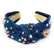 Load image into Gallery viewer, summer headband for women, blue Knot headband, denim Blue lover headband, denim knotted headband, denim top knot headband, snowball top knotted headband, snowball headband, blue hair band, blue knot headbands, denim color headband, statement headbands, top knotted headband, knotted headband, snow cone love gifts, denim embellished headband, gemstone knot headband, luxury headband, embellished knot headband, jeweled knot headband, snow cone knot embellished headband