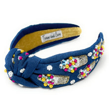 Load image into Gallery viewer, summer headband for women, blue Knot headband, denim Blue lover headband, denim knotted headband, denim top knot headband, snowball top knotted headband, snowball headband, blue hair band, blue knot headbands, denim color headband, statement headbands, top knotted headband, knotted headband, snow cone love gifts, denim embellished headband, gemstone knot headband, luxury headband, embellished knot headband, jeweled knot headband, snow cone knot embellished headband
