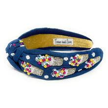 Load image into Gallery viewer, summer headband for women, blue Knot headband, denim Blue lover headband, denim knotted headband, denim top knot headband, snowball top knotted headband, snowball headband, blue hair band, blue knot headbands, denim color headband, statement headbands, top knotted headband, knotted headband, snow cone love gifts, denim embellished headband, gemstone knot headband, luxury headband, embellished knot headband, jeweled knot headband, snow cone knot embellished headband