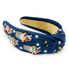 Load image into Gallery viewer, summer headband for women, blue Knot headband, denim Blue lover headband, denim knotted headband, denim top knot headband, snowball top knotted headband, snowball headband, blue hair band, blue knot headbands, denim color headband, statement headbands, top knotted headband, knotted headband, snow cone love gifts, denim embellished headband, gemstone knot headband, luxury headband, embellished knot headband, jeweled knot headband, snow cone knot embellished headband