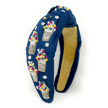Load image into Gallery viewer, summer headband for women, blue Knot headband, denim Blue lover headband, denim knotted headband, denim top knot headband, snowball top knotted headband, snowball headband, blue hair band, blue knot headbands, denim color headband, statement headbands, top knotted headband, knotted headband, snow cone love gifts, denim embellished headband, gemstone knot headband, luxury headband, embellished knot headband, jeweled knot headband, snow cone knot embellished headband