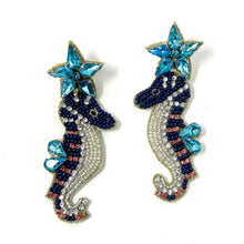 Load image into Gallery viewer, custom beaded Earrings, seahorse jeweled Earrings, blue seahorse Beaded Earrings, summer jeweled earrings, handmade earrings, custom earrings, beach accessories, beach accessories, seahorse embellished earrings, custom earrings, best friend gifts, birthday gifts, bohemian earrings, luxurious handmade accessories, beach jewelry, Fancy earrings, boho earrings, beaded earrings, beach jeweled earrings, statement earrings, best selling items, beach accessories, handmade gifts, custom gifts, seahorse earrings