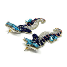 Load image into Gallery viewer, custom beaded Earrings, seahorse jeweled Earrings, blue seahorse Beaded Earrings, summer jeweled earrings, handmade earrings, custom earrings, beach accessories, beach accessories, seahorse embellished earrings, custom earrings, best friend gifts, birthday gifts, bohemian earrings, luxurious handmade accessories, beach jewelry, Fancy earrings, boho earrings, beaded earrings, beach jeweled earrings, statement earrings, best selling items, beach accessories, handmade gifts, custom gifts, seahorse earrings