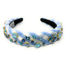 Load image into Gallery viewer, headbands for women, baroque headband, handmade headbands, light blue gingham headband, blue headband, gingham headband, embellished headband, rhinestone headband, bejeweled headband, luxury headband, jeweled headband, checkered jeweled headband, bling headband, embellished knot headband, luxury knot headband, knot headband, rhinestone knot headband, bejeweled accessories, jeweled headband, spring headbands, custom headband, embellished headband, padded headband, best selling items