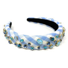 Load image into Gallery viewer, headbands for women, baroque headband, handmade headbands, light blue gingham headband, blue headband, gingham headband, embellished headband, rhinestone headband, bejeweled headband, luxury headband, jeweled headband, checkered jeweled headband, bling headband, embellished knot headband, luxury knot headband, knot headband, rhinestone knot headband, bejeweled accessories, jeweled headband, spring headbands, custom headband, embellished headband, padded headband, best selling items