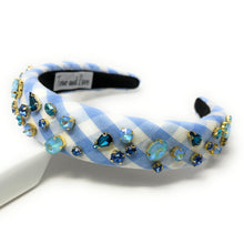 Load image into Gallery viewer, headbands for women, baroque headband, handmade headbands, light blue gingham headband, blue headband, gingham headband, embellished headband, rhinestone headband, bejeweled headband, luxury headband, jeweled headband, checkered jeweled headband, bling headband, embellished knot headband, luxury knot headband, knot headband, rhinestone knot headband, bejeweled accessories, jeweled headband, spring headbands, custom headband, embellished headband, padded headband, best selling items