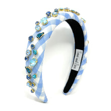 Load image into Gallery viewer, headbands for women, baroque headband, handmade headbands, light blue gingham headband, blue headband, gingham headband, embellished headband, rhinestone headband, bejeweled headband, luxury headband, jeweled headband, checkered jeweled headband, bling headband, embellished knot headband, luxury knot headband, knot headband, rhinestone knot headband, bejeweled accessories, jeweled headband, spring headbands, custom headband, embellished headband, padded headband, best selling items