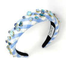 Load image into Gallery viewer, headbands for women, baroque headband, handmade headbands, light blue gingham headband, blue headband, gingham headband, embellished headband, rhinestone headband, bejeweled headband, luxury headband, jeweled headband, checkered jeweled headband, bling headband, embellished knot headband, luxury knot headband, knot headband, rhinestone knot headband, bejeweled accessories, jeweled headband, spring headbands, custom headband, embellished headband, padded headband, best selling items