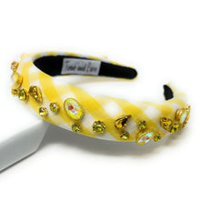 Load image into Gallery viewer, headbands for women, baroque headband, handmade headbands, yellow gingham headband, yellow headband, gingham headband, embellished headband, Easter headband, bejeweled headband, luxury headband, jeweled headband, checkered jeweled headband, bling headband, embellished knot headband, luxury knot headband, Summer headband, rhinestone knot headband, bejeweled accessories, Spring Summer fashion, spring headbands, custom headband, embellished headband, padded headband, best selling items