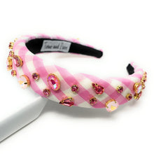 Load image into Gallery viewer, headbands for women, baroque headband, handmade headbands, pink gingham headband, pink headband, gingham headband, embellished headband, Easter headband, bejeweled headband, luxury headband, jeweled headband, checkered jeweled headband, bling headband, embellished knot headband, luxury knot headband, Summer headband, rhinestone knot headband, bejeweled accessories, Spring Summer fashion, spring headbands, custom headband, embellished headband, padded headband, best selling items