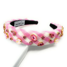 Load image into Gallery viewer, headbands for women, baroque headband, handmade headbands, pink gingham headband, pink headband, gingham headband, embellished headband, Easter headband, bejeweled headband, luxury headband, jeweled headband, checkered jeweled headband, bling headband, embellished knot headband, luxury knot headband, Summer headband, rhinestone knot headband, bejeweled accessories, Spring Summer fashion, spring headbands, custom headband, embellished headband, padded headband, best selling items