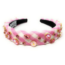Load image into Gallery viewer, headbands for women, baroque headband, handmade headbands, pink gingham headband, pink headband, gingham headband, embellished headband, Easter headband, bejeweled headband, luxury headband, jeweled headband, checkered jeweled headband, bling headband, embellished knot headband, luxury knot headband, Summer headband, rhinestone knot headband, bejeweled accessories, Spring Summer fashion, spring headbands, custom headband, embellished headband, padded headband, best selling items