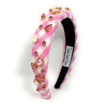 Load image into Gallery viewer, headbands for women, baroque headband, handmade headbands, pink gingham headband, pink headband, gingham headband, embellished headband, Easter headband, bejeweled headband, luxury headband, jeweled headband, checkered jeweled headband, bling headband, embellished knot headband, luxury knot headband, Summer headband, rhinestone knot headband, bejeweled accessories, Spring Summer fashion, spring headbands, custom headband, embellished headband, padded headband, best selling items