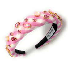 Load image into Gallery viewer, headbands for women, baroque headband, handmade headbands, pink gingham headband, pink headband, gingham headband, embellished headband, Easter headband, bejeweled headband, luxury headband, jeweled headband, checkered jeweled headband, bling headband, embellished knot headband, luxury knot headband, Summer headband, rhinestone knot headband, bejeweled accessories, Spring Summer fashion, spring headbands, custom headband, embellished headband, padded headband, best selling items