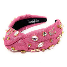 Load image into Gallery viewer, pink Champagne jeweled knotted headband, pink shimmery Knotted headband, pink headbands, birthday headbands, pink top knot headband, bachelorette headband, pink headband, pink hair band, top knotted headband, statement headbands, custom headband, best selling items, Champagne headband, party headbands, birthday headband, fashion headbands, embellished headband, rhinestone headband, gemstone headband, luxury headband, jeweled headband for women, jeweled knot headband, happy birthday headbands
