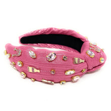 Load image into Gallery viewer, pink Champagne jeweled knotted headband, pink shimmery Knotted headband, pink headbands, birthday headbands, pink top knot headband, bachelorette headband, pink headband, pink hair band, top knotted headband, statement headbands, custom headband, best selling items, Champagne headband, party headbands, birthday headband, fashion headbands, embellished headband, rhinestone headband, gemstone headband, luxury headband, jeweled headband for women, jeweled knot headband, happy birthday headbands