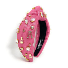 Load image into Gallery viewer, pink Champagne jeweled knotted headband, pink shimmery Knotted headband, pink headbands, birthday headbands, pink top knot headband, bachelorette headband, pink headband, pink hair band, top knotted headband, statement headbands, custom headband, best selling items, Champagne headband, party headbands, birthday headband, fashion headbands, embellished headband, rhinestone headband, gemstone headband, luxury headband, jeweled headband for women, jeweled knot headband, happy birthday headbands