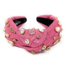 Load image into Gallery viewer, pink Champagne jeweled knotted headband, pink shimmery Knotted headband, pink headbands, birthday headbands, pink top knot headband, bachelorette headband, pink headband, pink hair band, top knotted headband, statement headbands, custom headband, best selling items, Champagne headband, party headbands, birthday headband, fashion headbands, embellished headband, rhinestone headband, gemstone headband, luxury headband, jeweled headband for women, jeweled knot headband, happy birthday headbands