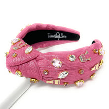 Load image into Gallery viewer, pink Champagne jeweled knotted headband, pink shimmery Knotted headband, pink headbands, birthday headbands, pink top knot headband, bachelorette headband, pink headband, pink hair band, top knotted headband, statement headbands, custom headband, best selling items, Champagne headband, party headbands, birthday headband, fashion headbands, embellished headband, rhinestone headband, gemstone headband, luxury headband, jeweled headband for women, jeweled knot headband, happy birthday headbands