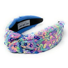 Load image into Gallery viewer, headband for women, summer Knot headband, blue headband, Summer knotted headband, Multicolor top knot headband, multi color top knotted headband, multicolor knotted headband, Bright knot headband, blue Sequin hair band, blue sequin knot headbands, blue knot headband, statement headbands, top knotted headband, knotted headband, Multicolor accessories, embellished headband, gemstone knot headband, luxury headband, embellished knot headband, multicolor knot headband, summer knot embellished headband