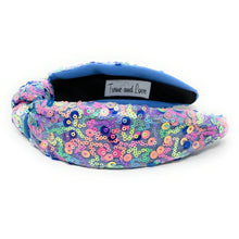 Load image into Gallery viewer, headband for women, summer Knot headband, blue headband, Summer knotted headband, Multicolor top knot headband, multi color top knotted headband, multicolor knotted headband, Bright knot headband, blue Sequin hair band, blue sequin knot headbands, blue knot headband, statement headbands, top knotted headband, knotted headband, Multicolor accessories, embellished headband, gemstone knot headband, luxury headband, embellished knot headband, multicolor knot headband, summer knot embellished headband