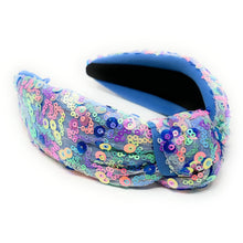 Load image into Gallery viewer, headband for women, summer Knot headband, blue headband, Summer knotted headband, Multicolor top knot headband, multi color top knotted headband, multicolor knotted headband, Bright knot headband, blue Sequin hair band, blue sequin knot headbands, blue knot headband, statement headbands, top knotted headband, knotted headband, Multicolor accessories, embellished headband, gemstone knot headband, luxury headband, embellished knot headband, multicolor knot headband, summer knot embellished headband