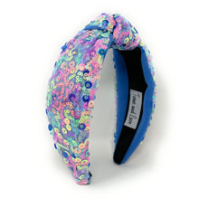 Load image into Gallery viewer, headband for women, summer Knot headband, blue headband, Summer knotted headband, Multicolor top knot headband, multi color top knotted headband, multicolor knotted headband, Bright knot headband, blue Sequin hair band, blue sequin knot headbands, blue knot headband, statement headbands, top knotted headband, knotted headband, Multicolor accessories, embellished headband, gemstone knot headband, luxury headband, embellished knot headband, multicolor knot headband, summer knot embellished headband